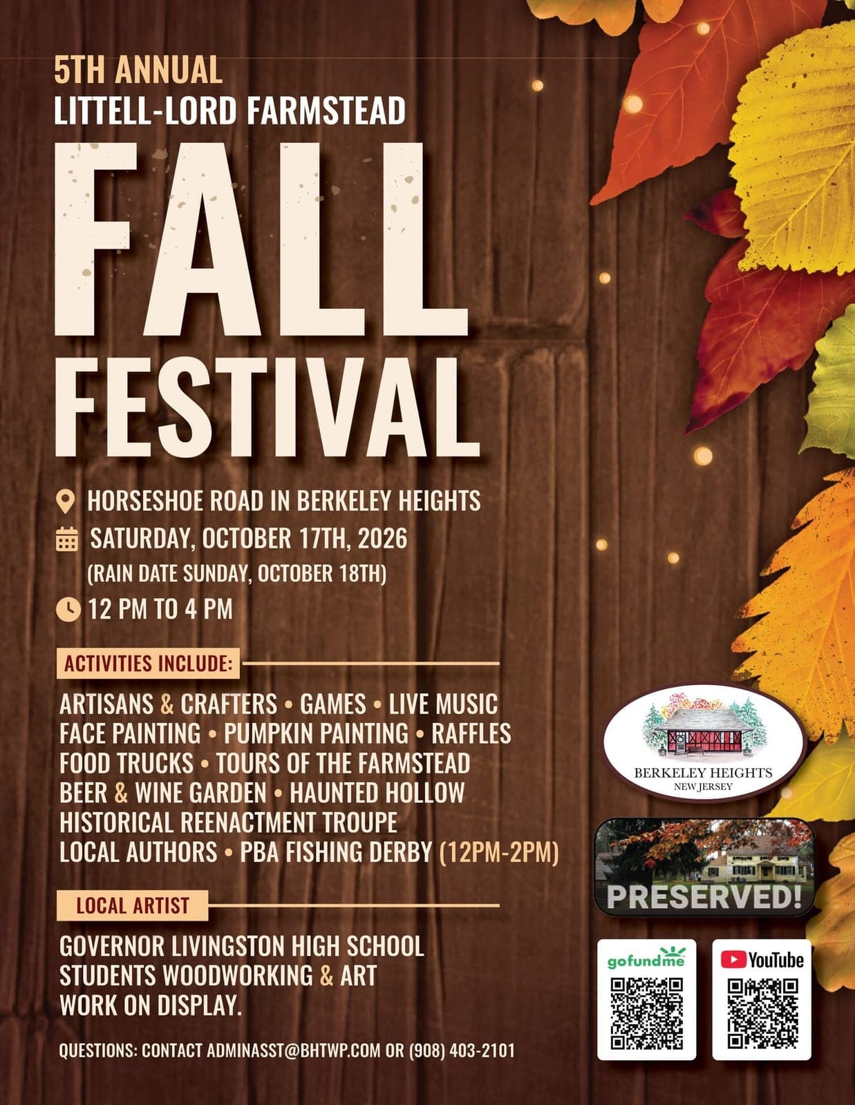 The 2026 Littell-Lord Farmstead Fall Festival will be held October 17 in Berkeley Heights.